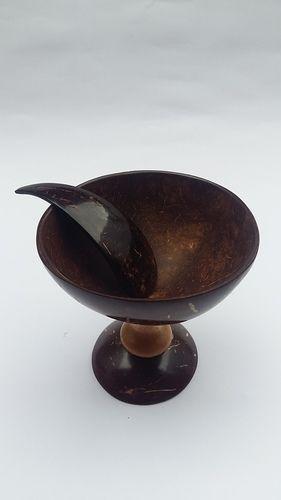 Natural Finish Eco Friendly Hand Made Coconut Shell Ice Cream Bowl With Spoon- Wooden Stand