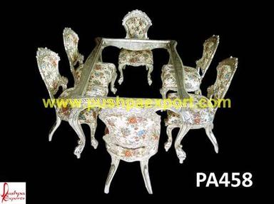 Designer White Metal Carved Dining Table and Chair