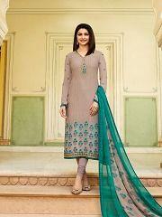Prachi Desai Ice Grey Color Royal Crape Embroidered Straight Suit Decoration Material: Stones