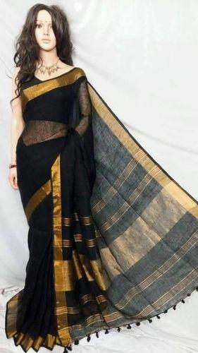 Black Linen Saree With Golden Border