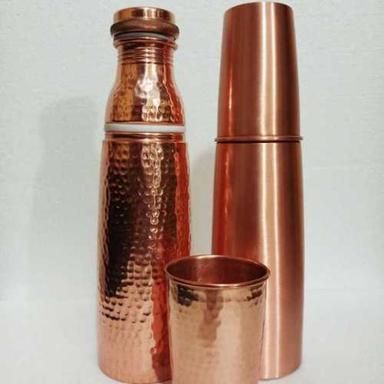 Copper Hammered And Plain Bottle With Glass