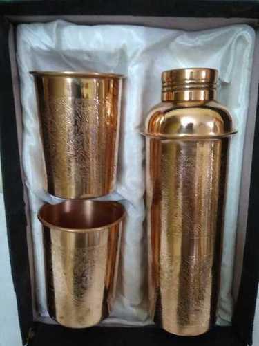 Round Embossed Copper Water Bottle With Glasses