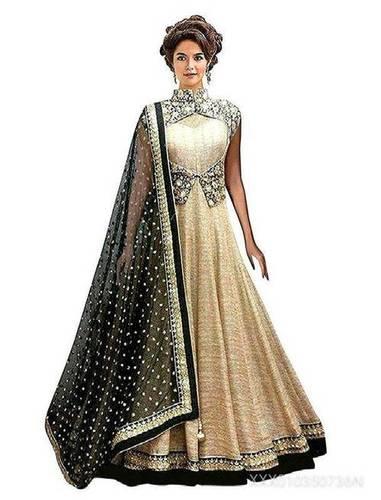 Beige Bangalore Fashion Cool Silk Embroidered Gown For Women
