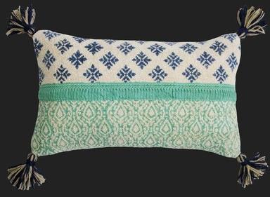 Turquoise Cotton Chinelle Woven Handblock Printed With Lace Work And Tassels Cushion