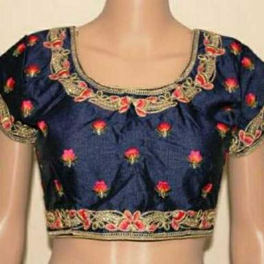 Traditional Navy Blue Dupion Silk Embroidered Padded Blouse