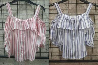 Pink+White And Blue+White Girls Rayon Stripped Off Shoulder Top