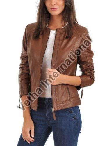 Brown Ladies Leather Jacket - Full Sleeves