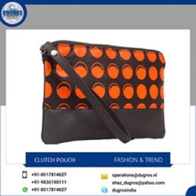 Clutch Bags For Ladies, Dotted Pattern, Cotton Sheeting Lining, Anthracite Fittings, Cow Oil Pull Up + Fabric, Top Quality, Attractive Look, Orange And Black Color Gender: Women