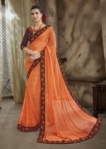 Plain Orange Georgette Sarees For Ladies, Lace Border Work, Gorgeous Look, Supreme Quality, Skin Friendly, Regular Wear
