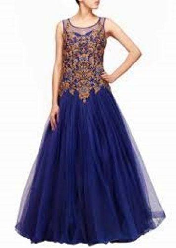 Blue Ladies Party Wear Gown, Sleeveless, Embroidery Pattern, High Quality, Beautiful Design, Eye Catchy Look, Seamless Finish, Soft Texture, Skin Friendly