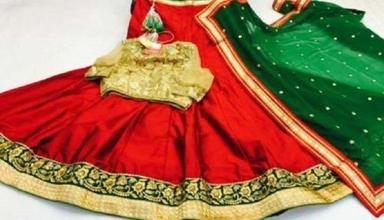 Red & Green Bridal Embroidered Lehenga Choli, Dupian Silk With Lace Work And Gotta Finish, Short Sleeves, Supreme Quality, Attractive Design, Eye Catchy Look, Comfortable To Wear, Soft Texture