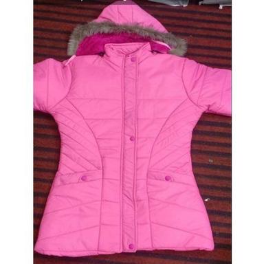 Ladies Full Sleeve Pink Fur Polyester Quilted Winter Jacket