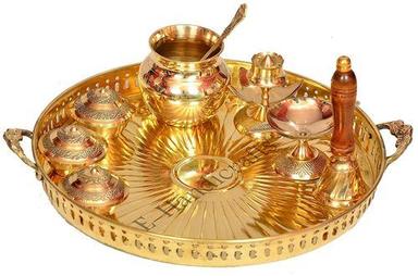 Metallic Golden Color Brass Handicraft Puja Thali With 7 Item For Mandir Use