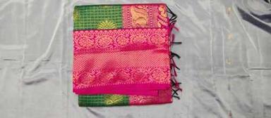 Party Wear Green With Pink Color Checked Cotton Silk Sarees For Women