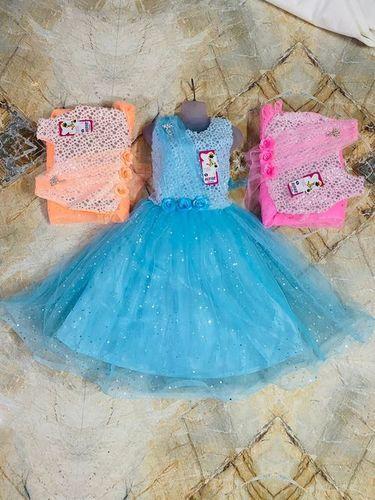 Pink, Orange And Sky Blue Color Multicolor Netted Fancy Baby Frocks Age Group: 5-6