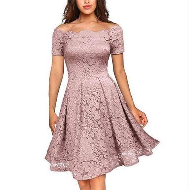 Lilac Purple Ladies Boat-Neck Half Sleeves Floral Lace Chiffon Cocktail Party Dress Age Group: Adults