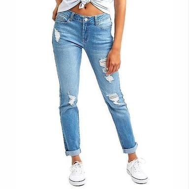 Washable Sky Blue Skin Friendly Ladies Skinny Stretchable Ripped Casual Denim Jeans
