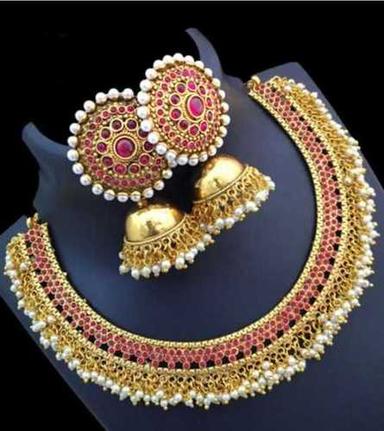Golden Gold Plated Party And Wedding Wear Fashion Necklace Set With Earring 