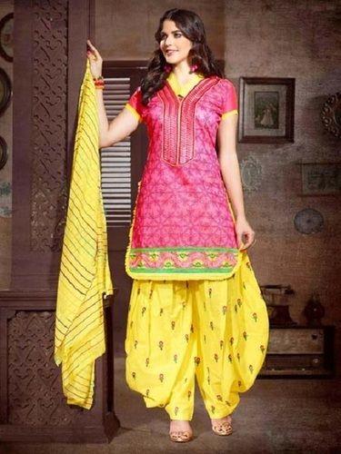 Indian Magenta And Yellow Casual Wear Ladies Half Sleeves Printed Straight Salwar Suit With Dupatta