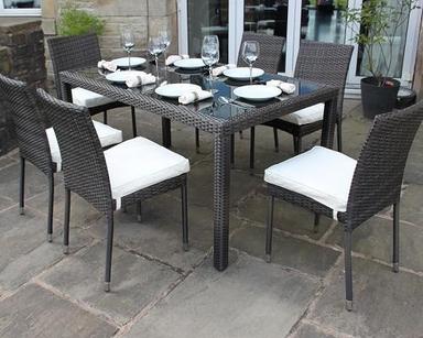 Garden Rattan Dining Set For Outdoor With 6 Chair, Glass Table Top And Cushion No Assembly Required