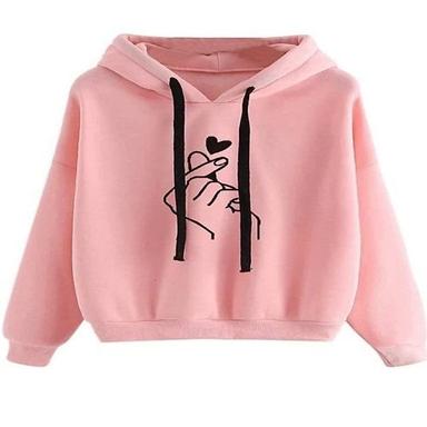 V Neck Long Sleeves Printed Pattern Pink Color Girls Hooded Tops For Outerwear