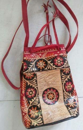 Comes In Various Colors Very Spacious And Designer Shantiniketan Leather Batik Printed Botua Bag For Ladies