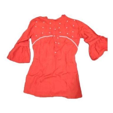 Summer Orange Colour With White Dots Around Neck With 3/4Th Sleeves Cotton Tops For Ladies