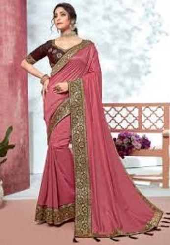 Printed  100% Silk Fabric Impeccable Finish Pink Color Ladies Sarees For Party Wear, Festival Wear