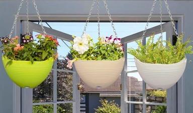 8.2" White And Beige Self Watering Hanging Planter With Metal Chain Set Of Six Pieces