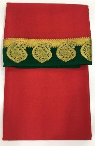 Printed Red Colour Crepe Silk Saree 6.3M With Green And Golden Colour Border With Mango Butta Embroidery