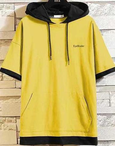 Solid Men Hooded Neck Yellow Cotton Blend Half Sleeve T Shirt Age Group: 18