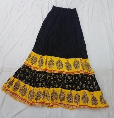 Satin Black And Yellow Printed Ladies Long Skirts(Casual And Daily Wear Use)