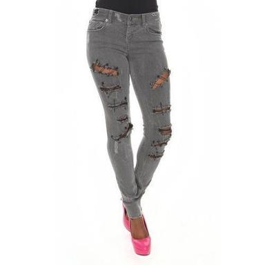 Blue Gray Colour Slim Fit Women Ripped Jeans For Casual And Party Wear