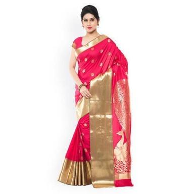 Printed Red Color Cotton Silk Saree With Golden Border And Unstitched Blouse Piece