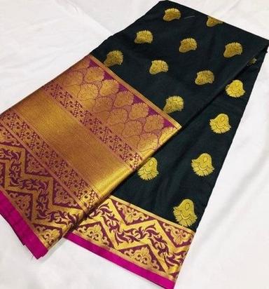 Festive Comfortable Silk Print Black Designer Saree With Broad Border And Golden Butta All Over