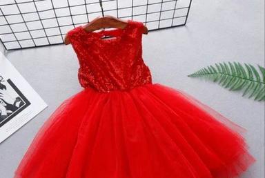 Designer Kids Dress Net Red Color Party Wear Baby Gown Decoration Material: Cloths