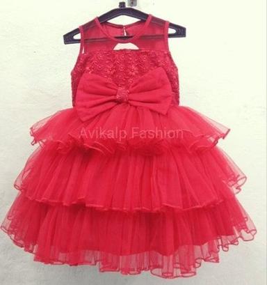 Red Womens Kids Party Wear Frock With 3 Layers Of Frills Decoration Material: Cloths