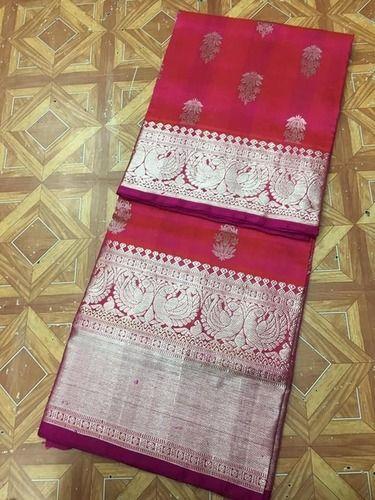 Printed Red Colour Pure Handmade Silk Saree With Golden Colour Border And Pallu