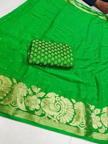 Art Silk Green Colour With Stones Georgette Fancy Border Saree Length 6.3 M 