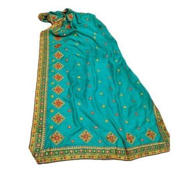 Festive Party Wear Ladies Greenish Blue Colour Embroidery Silk Saree With Red, Golden Zari And Border