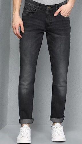 Breathable Black Color Casual Denim Faded Plain Dyed Pattern Regular Fit Men Jeans