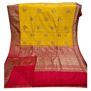 Traditional Embroidered Ladies Party Wear Yellow And Red Color Banarasi Silk Saree