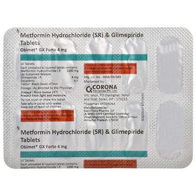 Metformin Hcl With Glime Piride Tablets Obimet Gx Forte 4 Mg Pack Of 10 Tablets Shelf Life: 2 Years