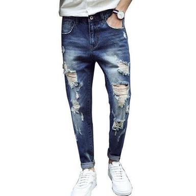 Comfortable To Wear Tear Resistance Navy Blue Denim Stretchable Regular Fit Damage Mens Jeans Fabric Weight: 400 Grams (G)