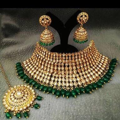 Green Designer Wedding Wear Imitation Necklace Set With Earring And Mangtika