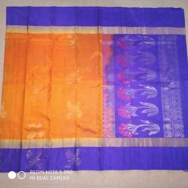 Printed Orange And Blue Color Cotton Art Silk Sarees For Party And Casual Wear