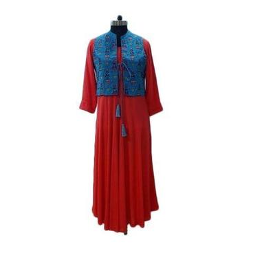Quick Dry Ladies Long Sleeves Round-Neck Red Plain Rayon Long Kurti With Red Jacket