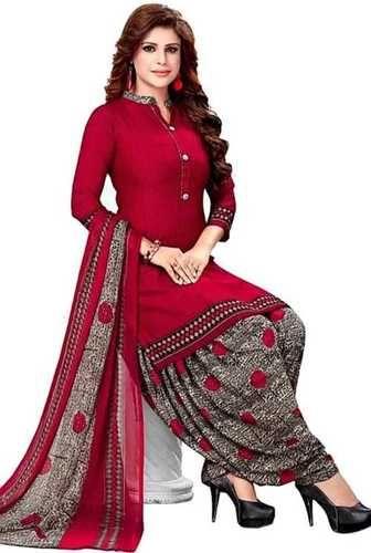 Indian Designer Red Color 100% Cotton Silk Printed Salwar Suit, For Women