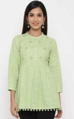 Stylish Green Color 100% Cotton Embroidered Regular Tops, For Women Length: 32 Inch (In)
