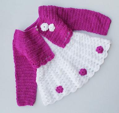 White Woonie Handmade Crochet Woolen Winter Wear Frock Set With Jacket For Infants Kids Girls